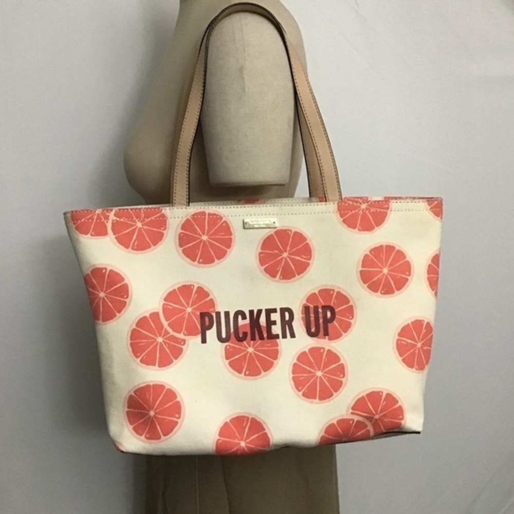 Kate Spade PUCKER UP Canvas Tote Bag Ivory Pink